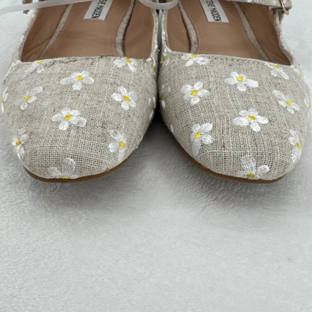 Steve Madden Linen Daisy Embroidered Mary Jane Flats Womens 8.5 Beige Square Toe